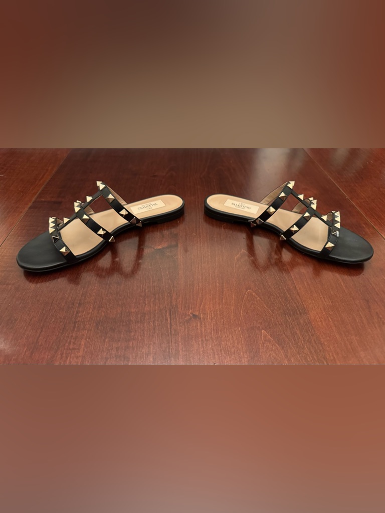 Valentino Garavani Black Leather Rockstud Triple-Strap Slide Sandals Size 5.5